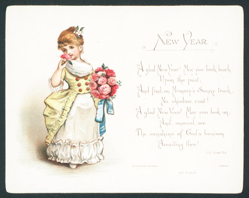 Niña oliendo rosas, tarjeta de Año Nuevo de English School