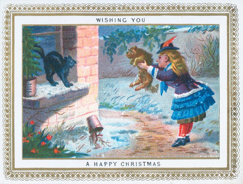 Niña molestando al gato con el perro, tarjeta de Navidad de English School