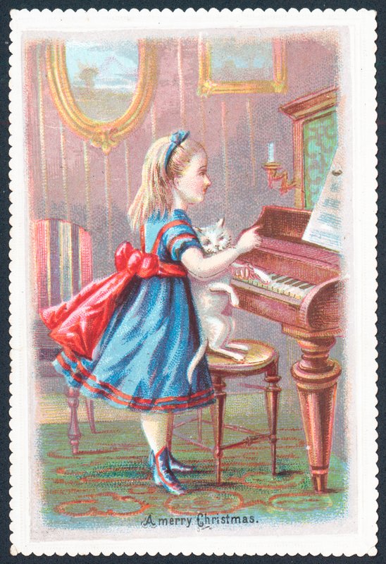 Niña con gato de pie en el piano, Tarjeta de Navidad de English School