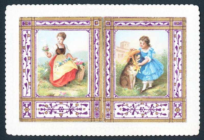 Niña con flores y poniendo sombrero al perro, tarjeta de Navidad de English School