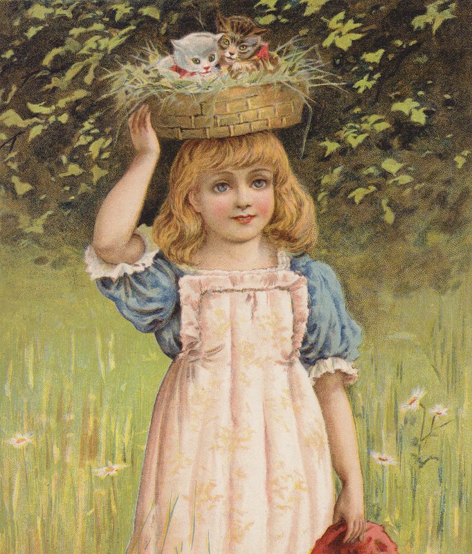 Niña con gatitos juguetones en una cesta (cromolito) de English School