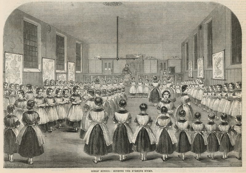 Escuela de niñas: cantando el himno vespertino de English School