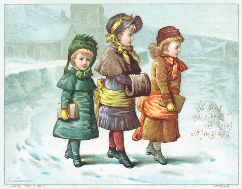 Niñas caminando en la nieve, tarjeta de Navidad de English School