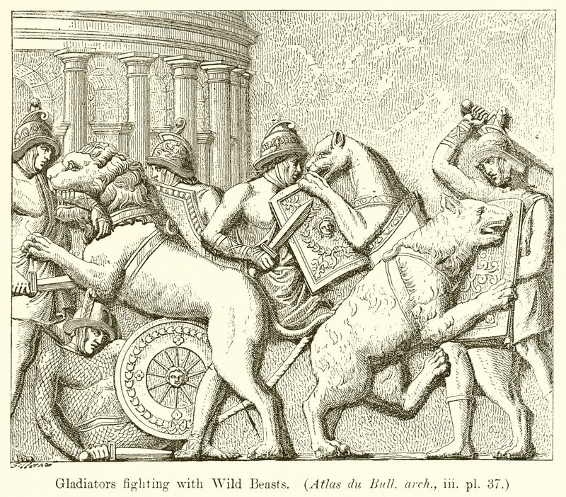 Gladiadores luchando con bestias salvajes de English School