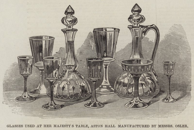 Vasos usados en la mesa de Su Majestad, Aston Hall, fabricados por Messers Osler (grabado) de English School
