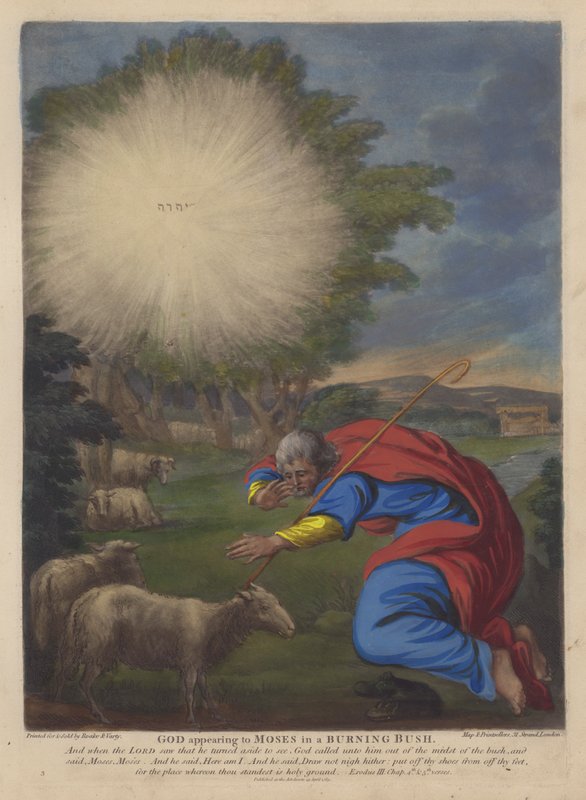 Dios apareciendo a Moisés en una zarza ardiente (litografia en color) de English School