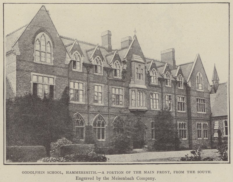 Godolphin School, Hammersmith, parte de la fachada principal, desde el sur (grabado) de English School