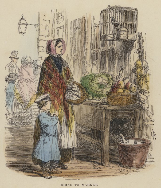 Yendo al Mercado (grabado coloreado) de English School