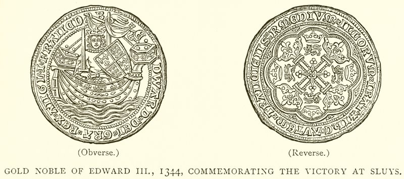 Noble de oro de Eduardo III, 1344, conmemorando la victoria en Sluys de English School