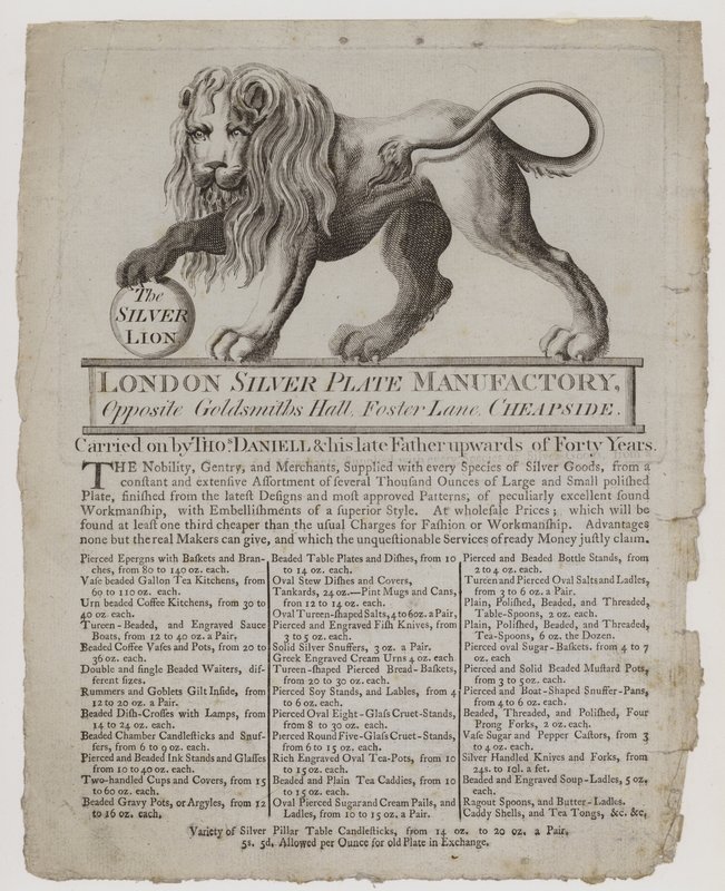 Orfebres y plateros, Thomas Daniell, tarjeta comercial de English School