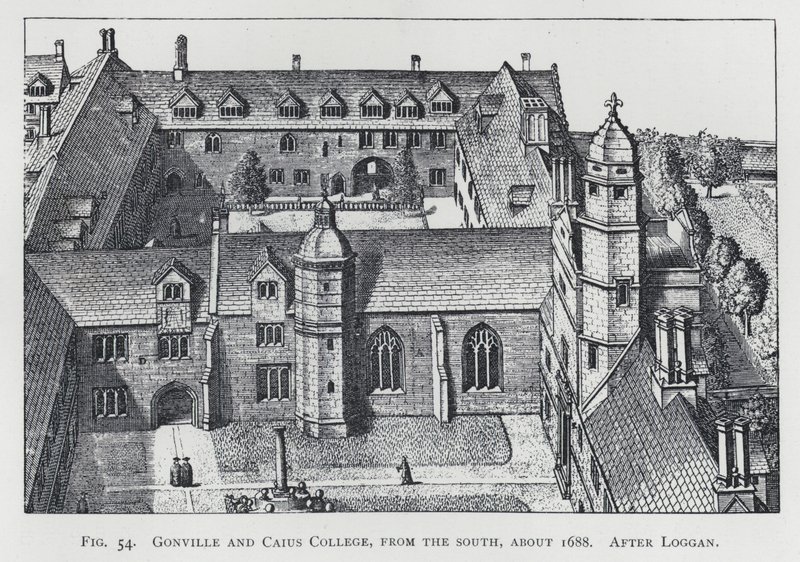 Gonville y Caius College, desde el sur, alrededor de 1688, después de Loggan de English School