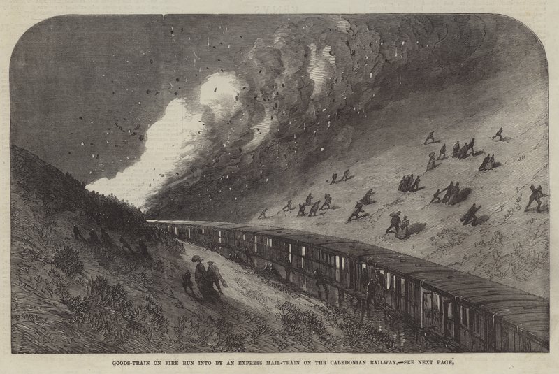 Tren de mercancías en llamas chocado por un tren correo expreso en el Ferrocarril de Caledonia de English School