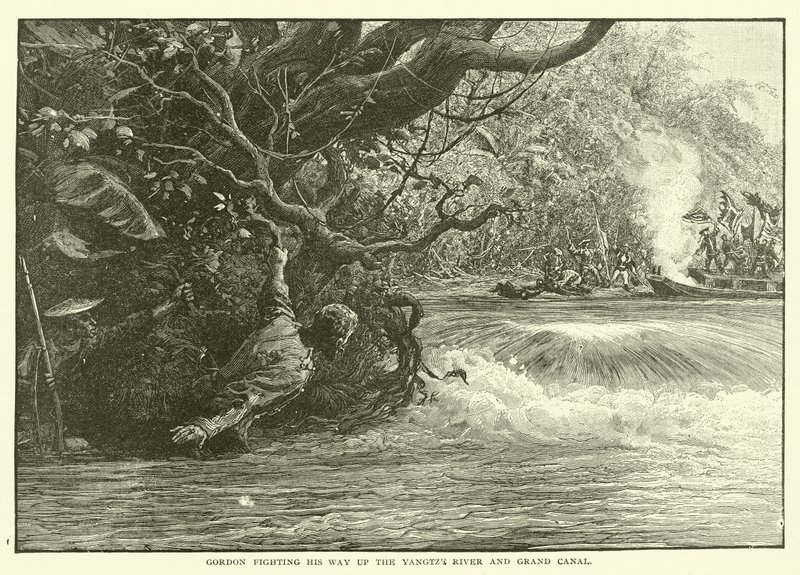 Gordon luchando por su camino río Yangtze arriba y Gran Canal (grabado) de English School