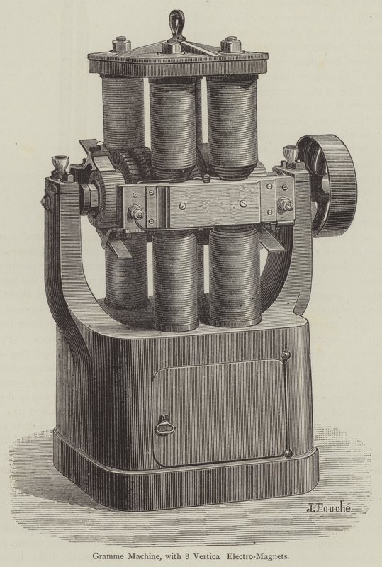 Máquina Gramme, con 8 electroimanes verticales (grabado) de English School