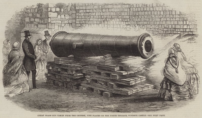 El gran cañón de bronce tomado de los chinos, recién colocado en la Terraza Norte, Castillo de Windsor de English School