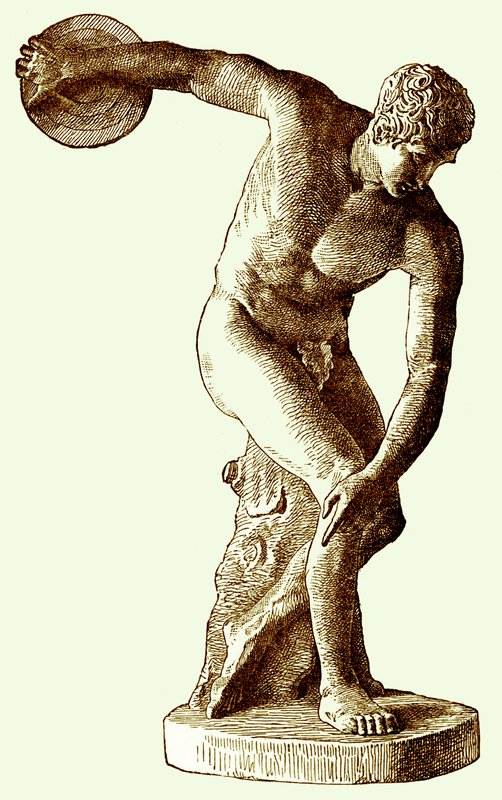 Atleta griego lanzando el disco, ilustración de la Historia Universal Ilustrada de Cassell por Edward Ollier, 1890 (imagen mejorada digitalmente) de English School