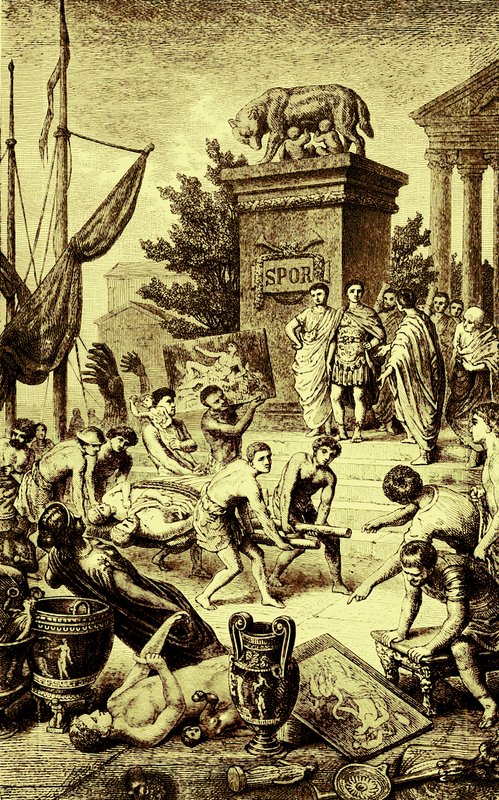 Cultura griega - estatuas y obras de arte llevadas a Roma, ilustración de The Illustrated History of the World, publicado c.1880 de English School