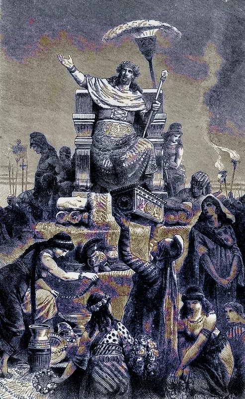 Degeneración griega - Creso en la pira funeraria, ilustración de The Illustrated History of the World, publicado c.1880 de English School