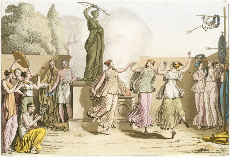 Mujeres griegas bailando alrededor de la estatua de Diana de English School