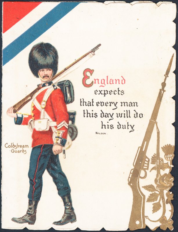 Tarjeta de felicitación con un soldado de los Coldstream Guards de English School