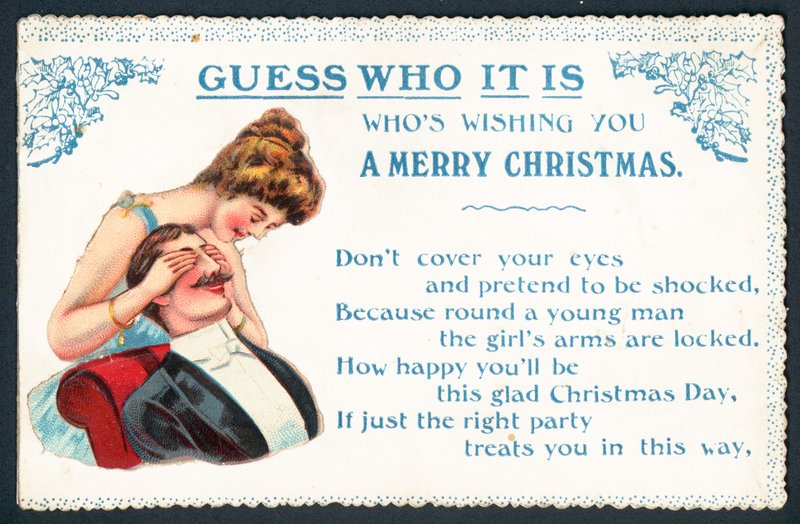 ¿Adivina quién? Dama burlándose de hombre, tarjeta de Navidad de English School