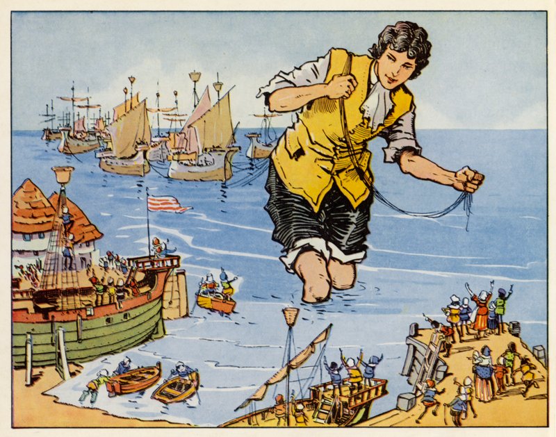 Los viajes de Gulliver: Captura la flota en Blefuscu (litografía en color) de English School