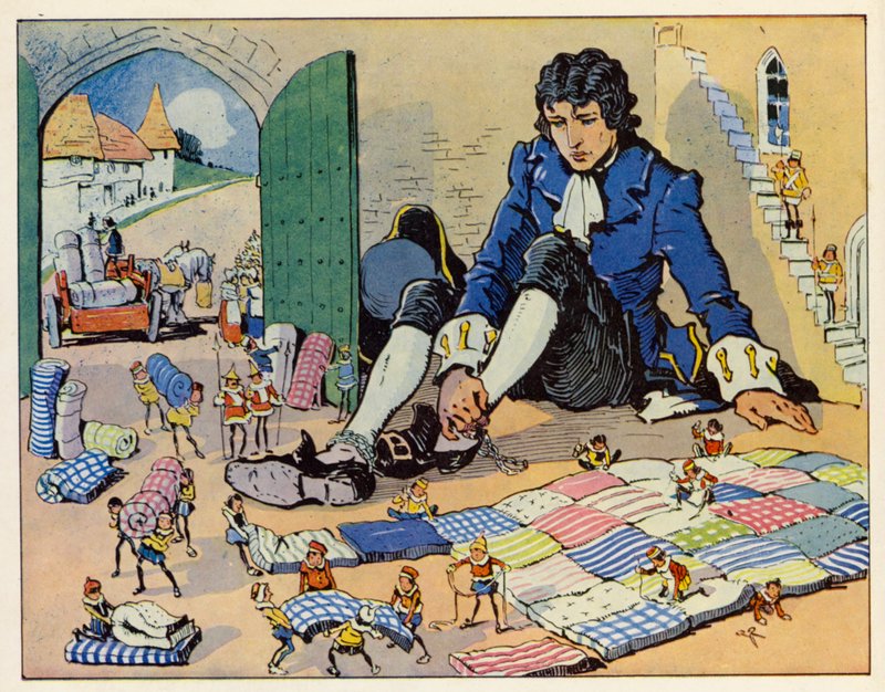 Los Viajes de Gulliver: El Emperador hizo que le hicieran una cama (litografía en color) de English School