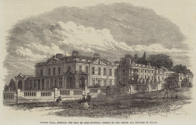 Gunton Hall, Norfolk, sede de Lord Suffield, visitada por el Príncipe y la Princesa de Gales (grabado) de English School