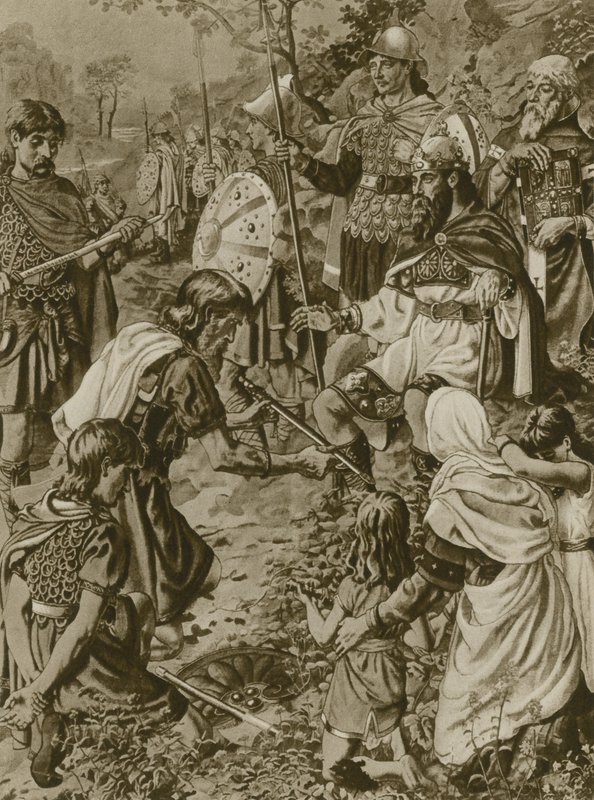 La sumisión de Guthrum a Alfredo el Grande (grabado) de English School