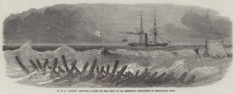 HMS "Alban" rescatando a Parte de la Tripulación de una Goleta Americana en los Cayos de Serranilla de English School