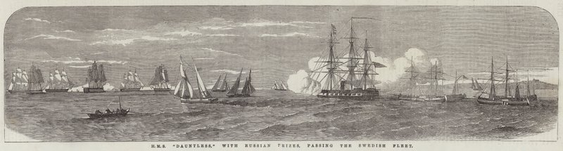HMS "Dauntless," con premios rusos, pasando la flota sueca (grabado) de English School