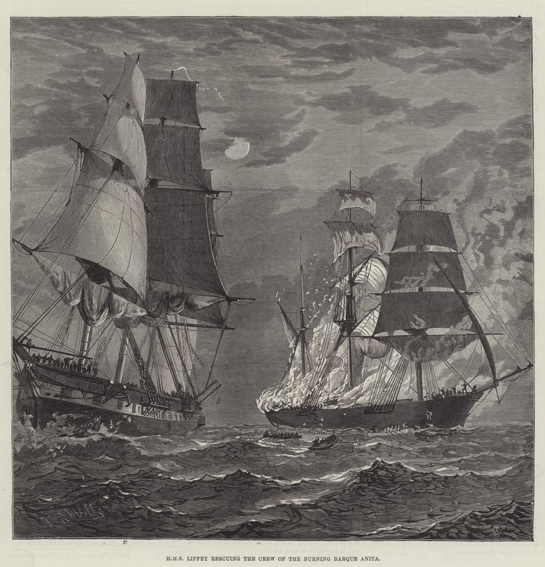 HMS Liffey rescatando a la tripulación del bergantín en llamas Anita de English School