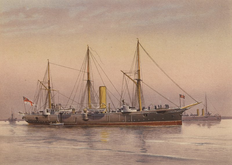 HMS Mohawk, crucero de 3ª clase (litografía en color) de English School