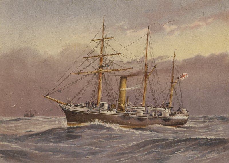 HMS Nymph (balandro) (litografía en color) de English School