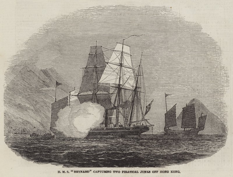 HMS "Reynard" capturando dos juncos piratas frente a Hong Kong de English School