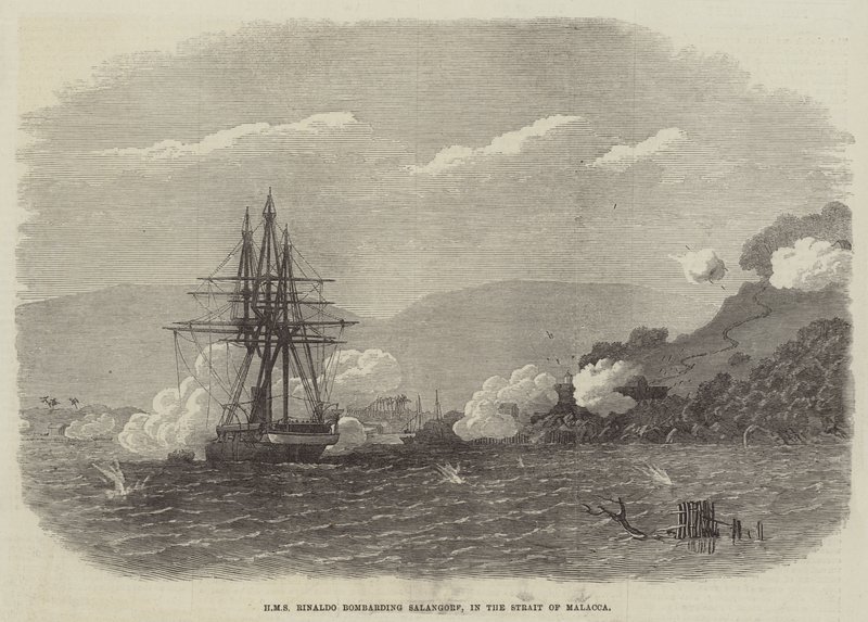 HMS Rinaldo bombardeando Salangore, en el Estrecho de Malaca de English School