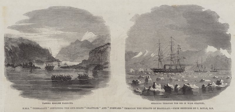 HMS "Termagant" escoltando los cañoneros "Grappler" y "Forward" a través del Estrecho de Magallanes de English School
