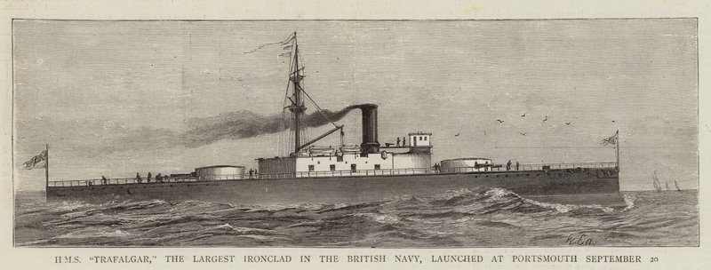 HMS "Trafalgar", el mayor acorazado de la marina británica, lanzado en Portsmouth el 20 de septiembre de English School