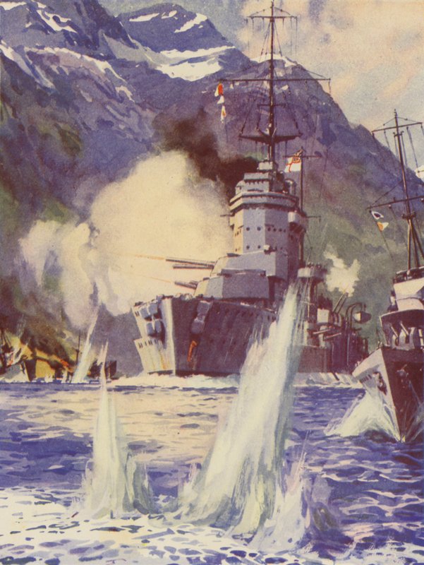 HMS Warspite frente a la costa de Noruega de English School