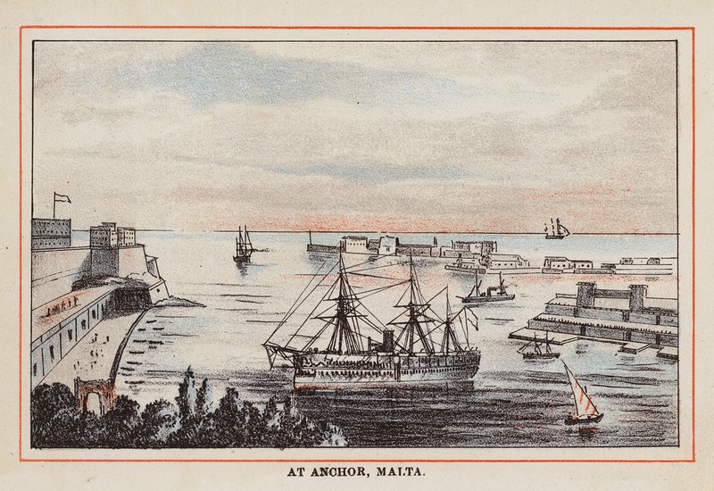 HM Indian Troop-Ship: Anclado en Malta (grabado en color) de English School