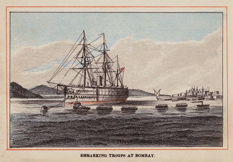 HM Indian Troop-Ship: Embarque de tropas en Bombay (grabado coloreado) de English School