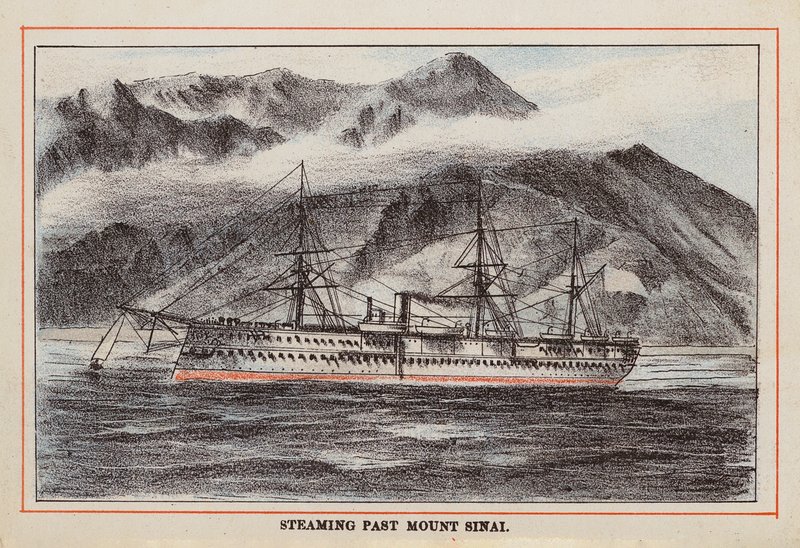 HM Indian Troop-Ship: Steaming Past Mount Sinai (grabado en color) de English School
