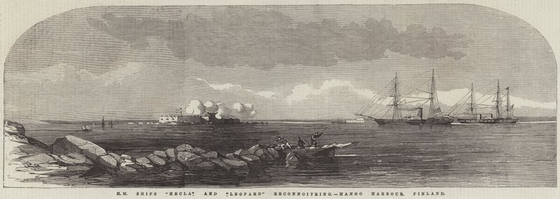 Buques de SM "Hecla" y "Leopard" en reconocimiento, Puerto de Hango, Finlandia (grabado) de English School