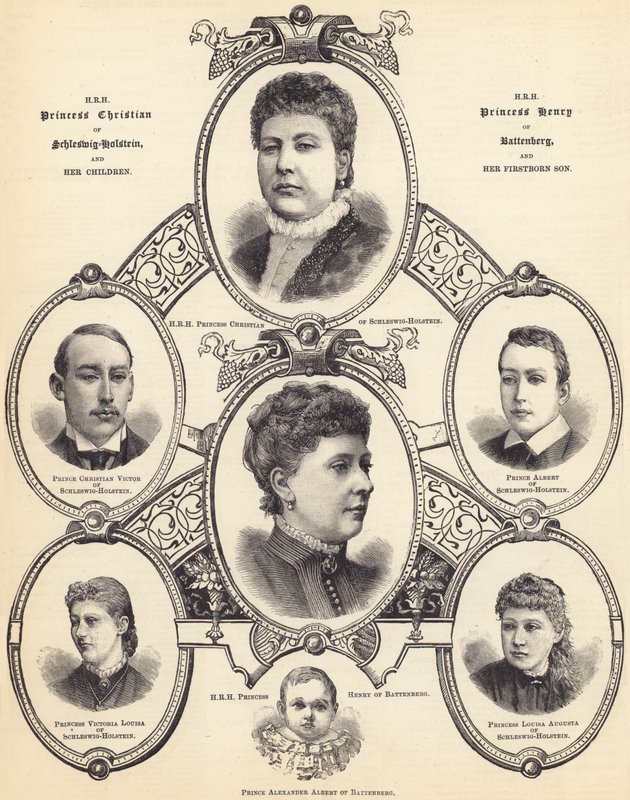 SAR la Princesa Cristiana de Schleswig-Holstein y SAR la Princesa Enrique de Battenberg, y sus hijos (grabado) de English School