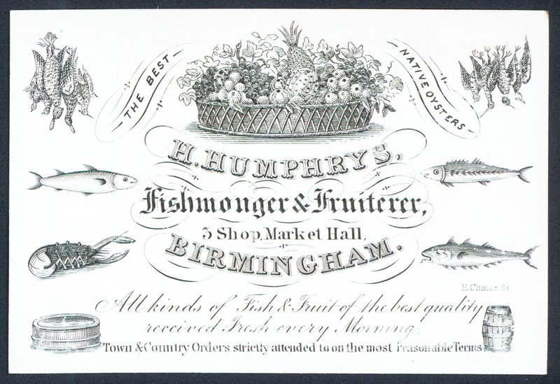 H Humphrys, pescadero y frutero, tarjeta comercial de English School