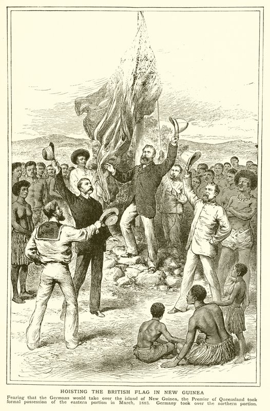 H. M. Chester, magistrado de Queensland en el izado de la bandera británica en Nueva Guinea, marzo de 1883 de English School