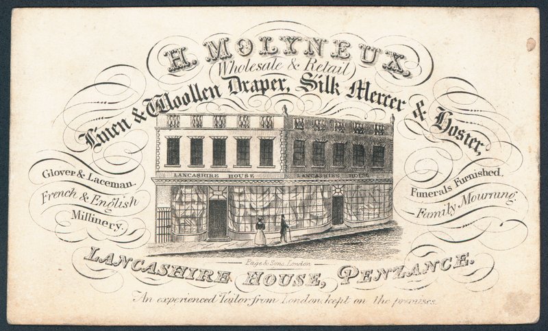 H Molyneux, pañero y mercero de seda y calcetero, tarjeta comercial de English School