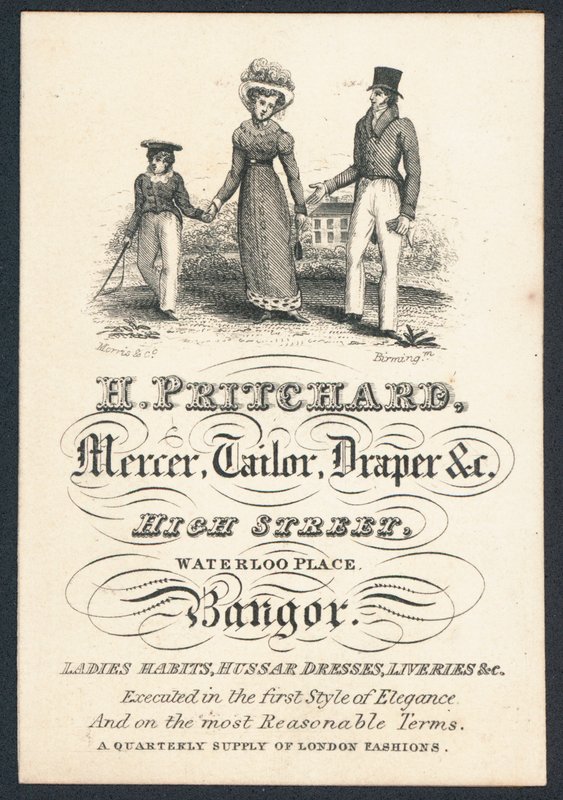 H Pritchard, mercero, sastre y pañero, tarjeta comercial de English School