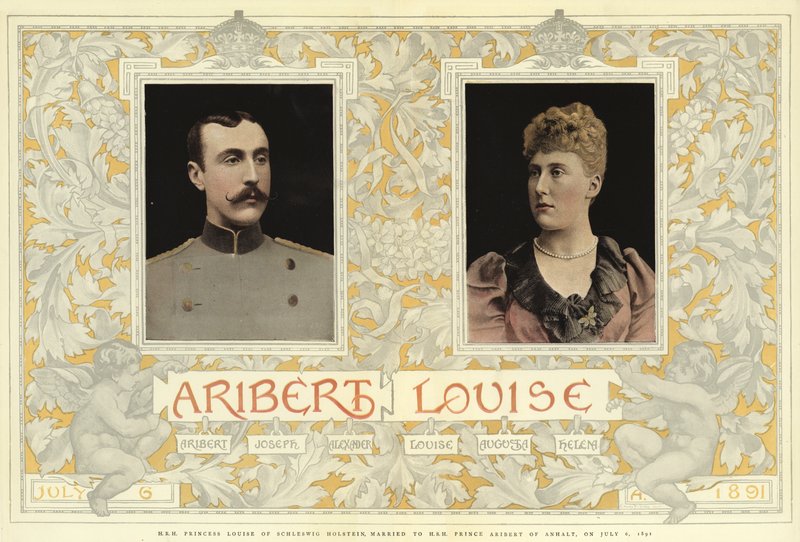 S.A.R. la Princesa Luisa de Schleswig Holstein, casada con S.A.S. el Príncipe Ariberto de Anhalt, el 6 de julio de 1891 (litografía en color) de English School