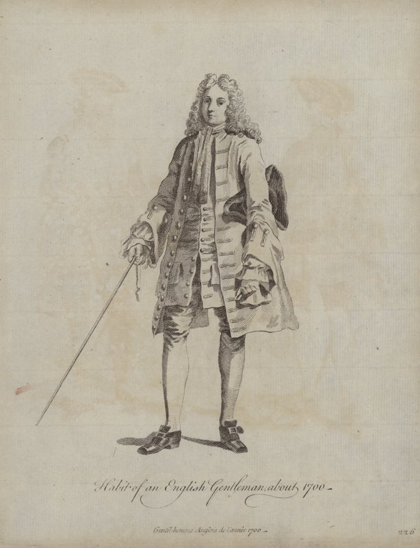 Hábito de un caballero inglés hacia 1700 (grabado) de English School
